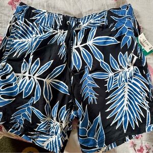 Blue and Black Tropical Swim Trunks